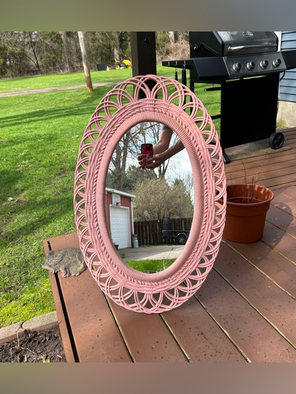 Vintage Burwood Syroco Pink Faux Wicker Shabby Chic 30" Oval Wall Mirror